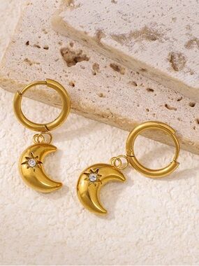 Yellow Gold Moon Charm Hoop Earrings